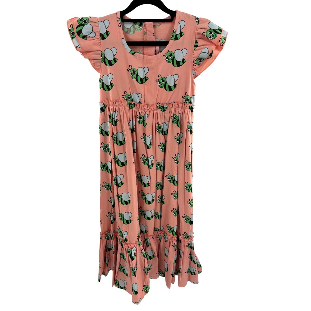 NWT HUGO TIKI Peach Bee Print Flutter Sleeve Ruffle Hem Dress Girls 12T